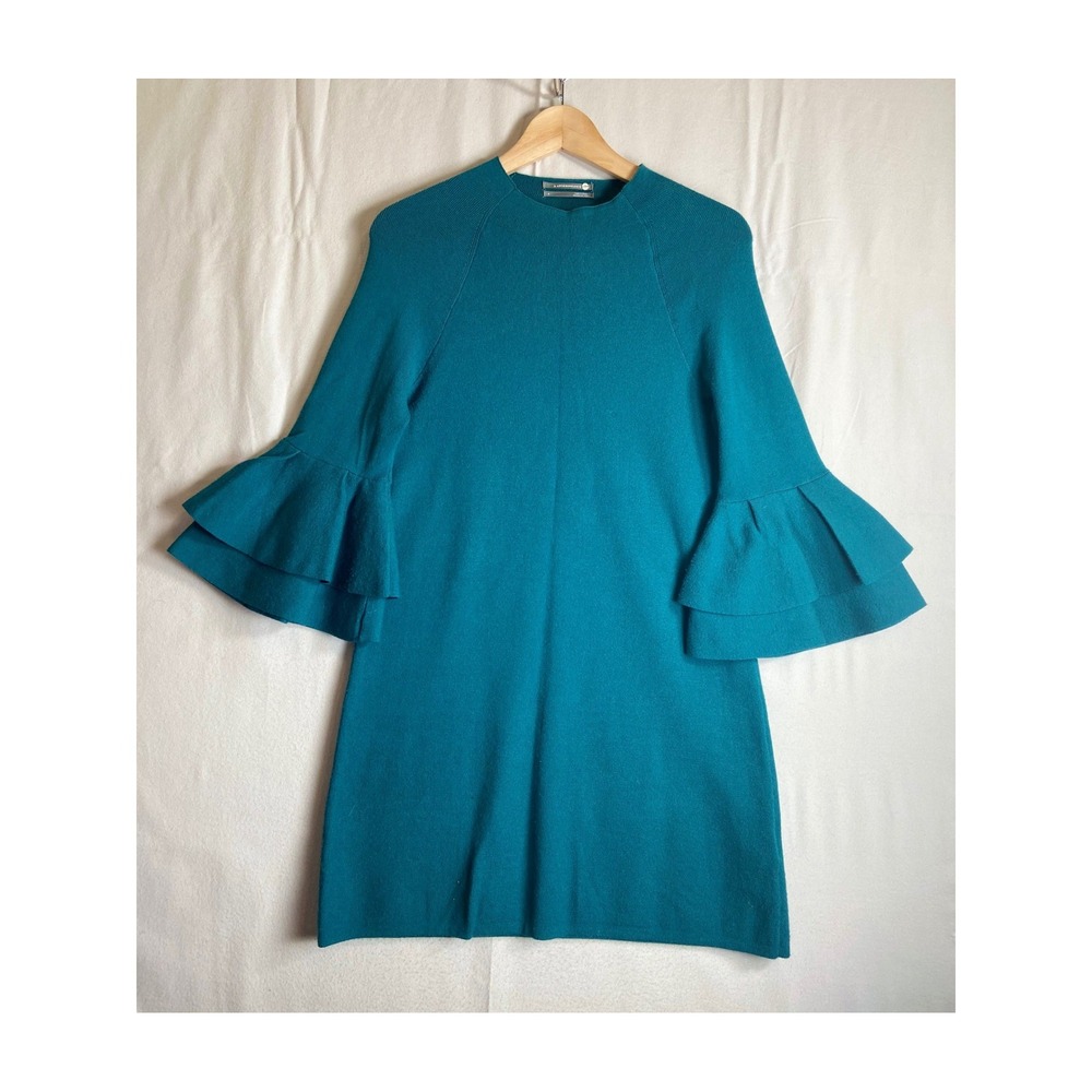 Anthropologie Claudette Ruffle Bell Sleeve Sweater Dress Small Teal Feminine